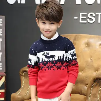 

19 Autumn Winter Models Jacquard Christmas Deer Boy Round Neck Sweater Cotton Double Layer Warm Sweater Outside...