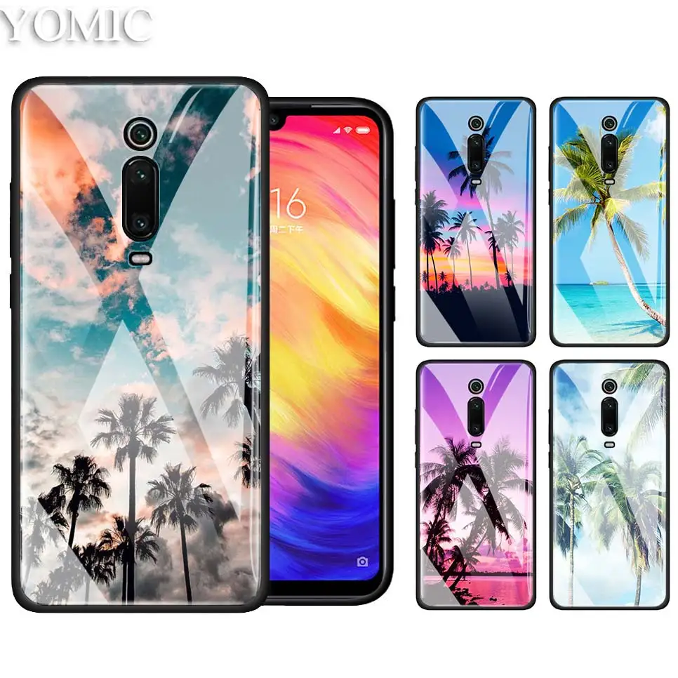 

Tempered Glass Case for Xiaomi Redmi 7 Note 7Pro 6 K20 Pro Mi CC9 CC9E A3 Lite Bolsa Phone Cover Coque summer Beach Sunset Palm