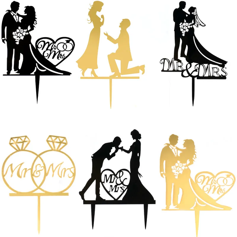 

Bride & Groom Cake Topper Acrylic Cupcake Topper Wedding & Engagement Decorations Mariage Anniversary Party Cake Top Flag Decor