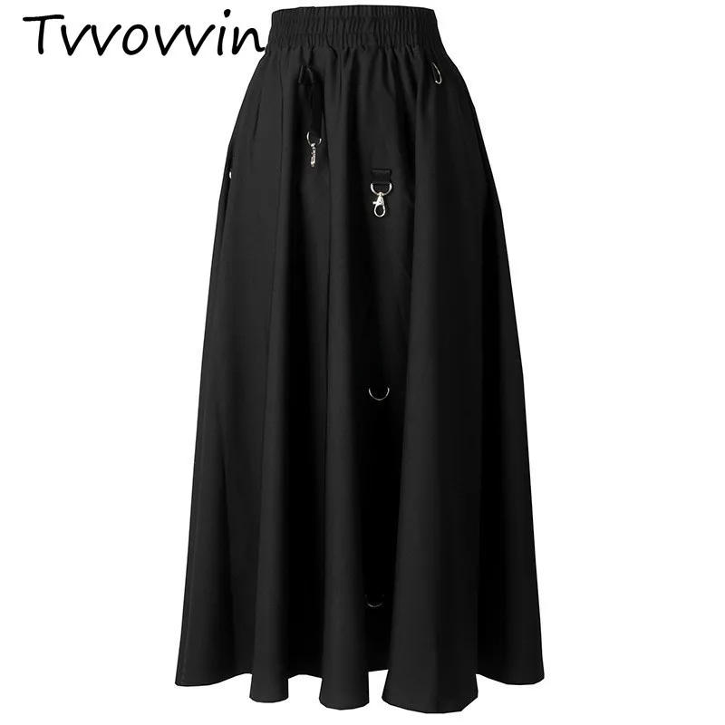 

TVVOVVIN 2019 New Spring Summer High Elastic Waist Black Draped Spliced Metal Decoration Half-body Skirt Women Fashion Tide C616