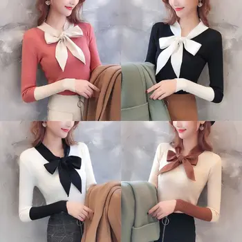 

Womens Knitted Sweater Color Block Sweet Lace Up Bowknot V-Neck Slim Jumper Tops