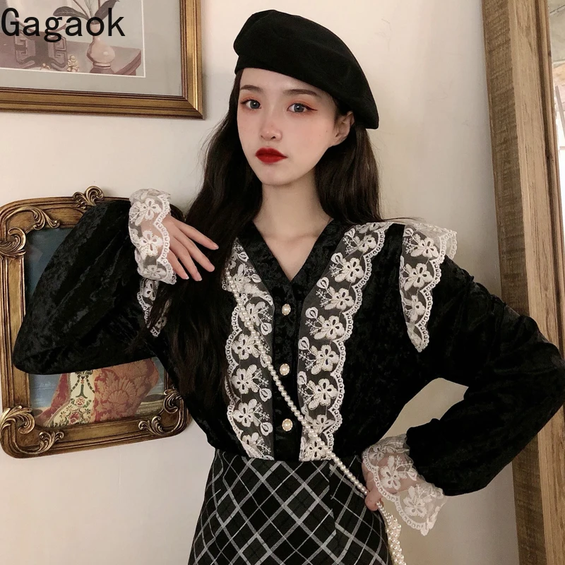 

Gagaok Women Preppy Style Blouse Spring Autumn New Solid Lace V-Neck Slim Wild Court Style Fashion Ladies French Shirts Tops