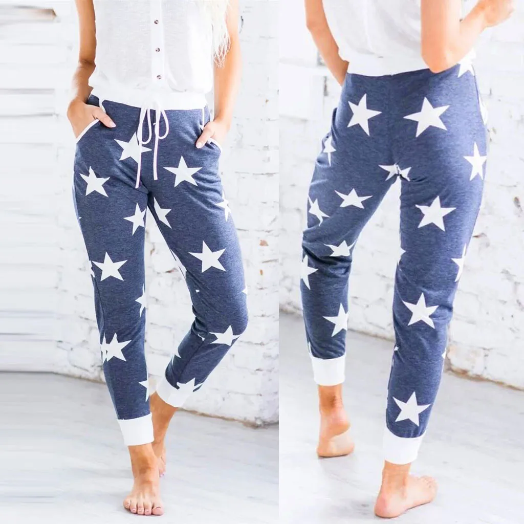 Pantalones estampados con estrellas para mujer, Pantalón elástico de cintura media, con cordón, informal, de talla grande, para el hogar