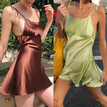 

Sexy Women Summer Beach Solid Short Mini Dress Sleeveless Backless Bandage Fashion Sling Sundress Dresses