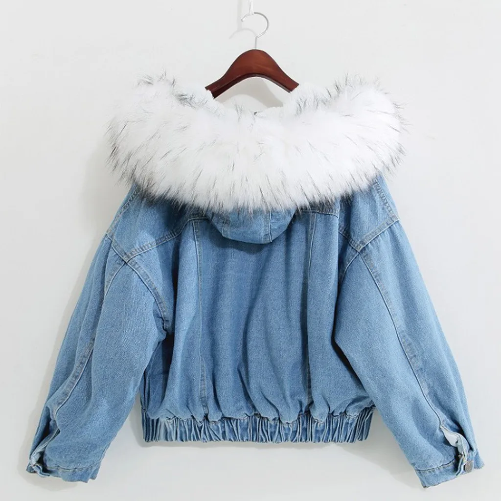 Зимняя женская теплая джинсовая короткая куртка с воротником Женская Тонкая зимняя верхняя одежда с капюшоном пальто подкладка и передние кнопки плоские карманы
