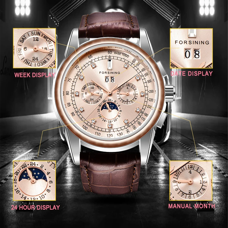 Роскошные мужские автоматические часы FORSINING Rose Golden, фаза Луны, календарь, дизайнерские часы, Лидирующий бренд, мужские наручные часы, Прямая поставка