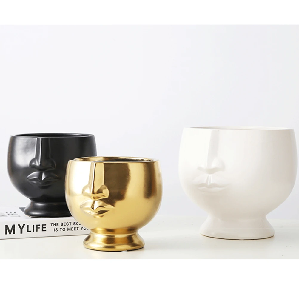 Size S Nordic Style Ceramic Human Face Flowerpot Decoration Home Oranment Succulent Plant Pot Craft Decor Black Golden A35
