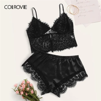 

COLROVIE Black Eyelash Floral Lace Lingerie Set Sexy Intimates Women 2019 New Solid Lingerie Set Underwear Bra Set