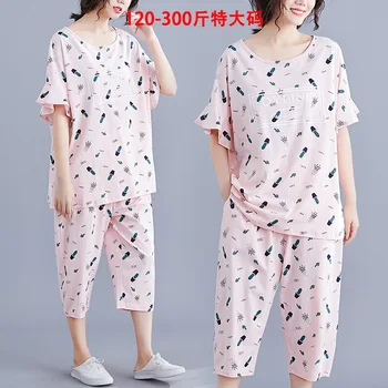 

100 kg fat girl pajamas summer thin home clothes short-sleeved Capri pants suit 15kg two-piece suit 04146