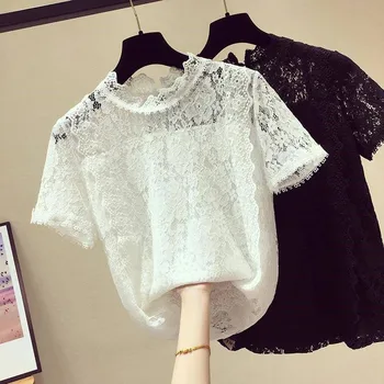 

Women's Lace Shirt O-neck Lace Short Sleeve Jacquard Hollow T-Shirt Style Pure Color Lace Top