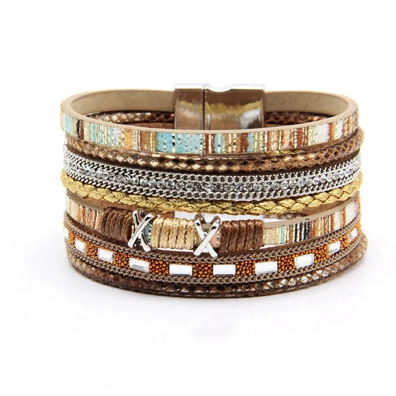 New Bohemian Colorful Multilayer Rope Woven Leather Magnet Buckle Bracelet Bangles Handmade Vintage Fashion Jewelry For Women