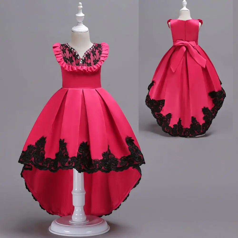 Кружевное платье длиной до середины икры с жемчужным поясом; Одежда для девочек; вечерние платья принцессы для девочек; цвет красный, бежевый, синий, черный; асимметричное платье для выпускного вечера - Цвет: fuchsia