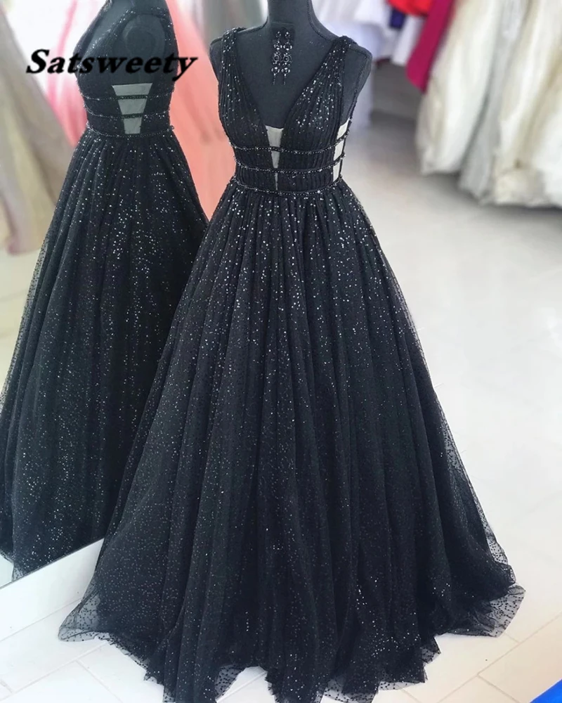 Real Picture New V-Neck Black Prom Dresses A-Line Sequin Lace Beaded Party Maxys Long Prom Gown Evening Dresses Robe De Soiree long prom dresses
