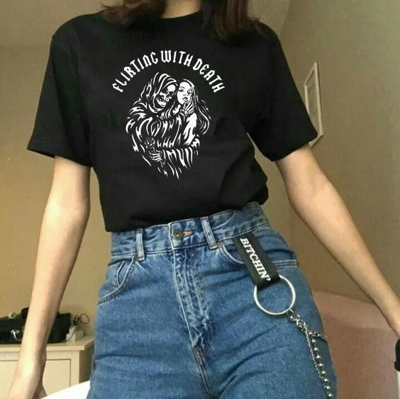 

Kuakuayu HJN Flibting with Death Graphic Tee Western Hell Satan Goth Style Unisex Women T-shirt Cotton Gothic Grunge T-shirt