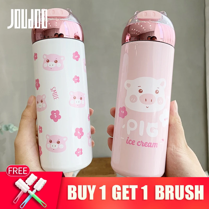 

JOUDOO Cute Pig Stainless Steel Vacuum Flask Shiny Cup Baby Pink Fashion Water Bottle Themor Cup 35