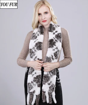 

2020 New Long Style Women Winter Real Rex Rabbit Fur Scarf Natural Rex Rabbit Fur Scarfs Lady Hand Knit Rex Rabbit Fur Scarves