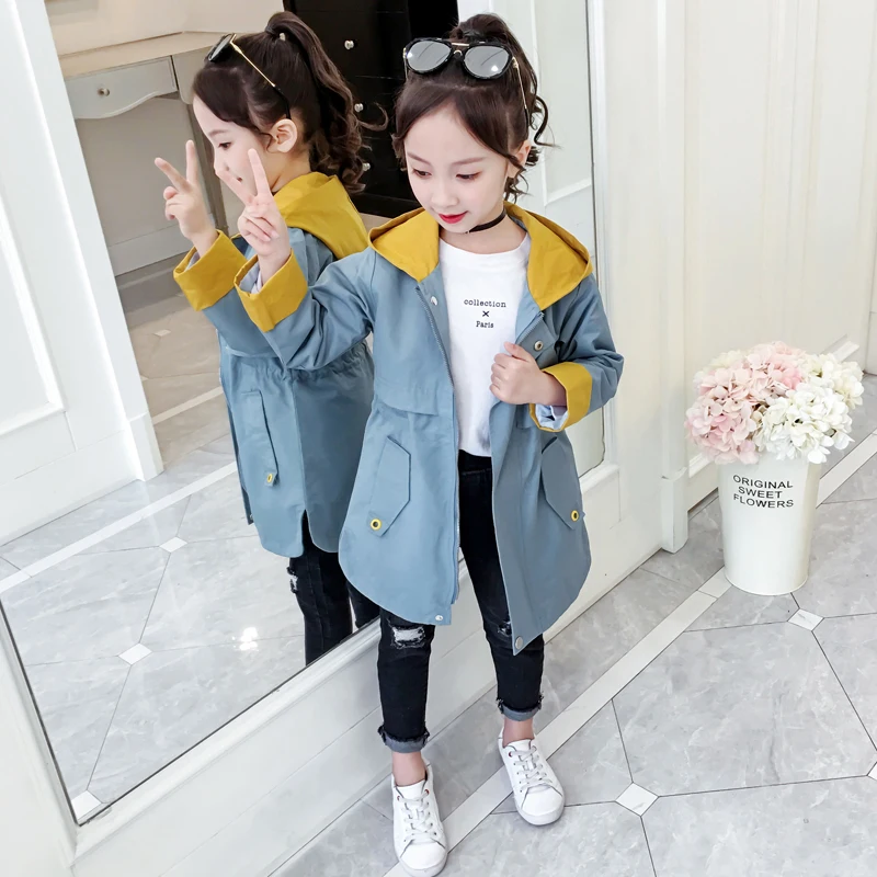 Candy Girls Windbreakers Casual Loose Hooded Kids Long Coats Jackets Cotton Fashion Girls Outwear Vestidos for 6 8 10 12 Years