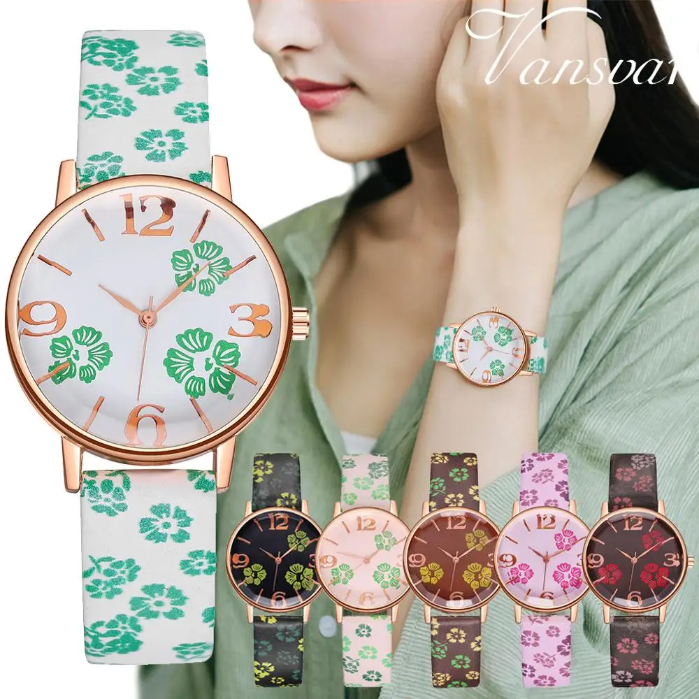 

2020 New Vansvar Elegant Simple Women's Watches Signature Floral Print Dial Strap Leather Analog Reloj Mujer Girl Quartz Watch