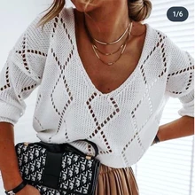 Best Offers Women Long-sleeved Knitwear Autumn Casual V-Neck Diamond Hollow Loose Knitted T Shirts Casual Solid Cotton Top Clothes