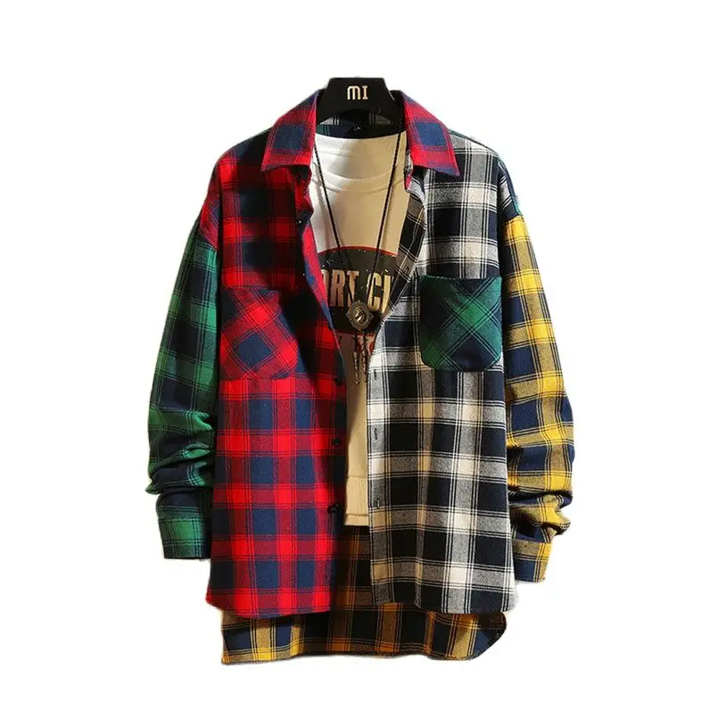 Рубашка мужская клетчатая с длинным рукавом, уличная одежда в стиле хип-хоп, Повседневная Уличная одежда в стиле пэчворк, хлопковая одежда в стиле хип-хоп, осень 2023