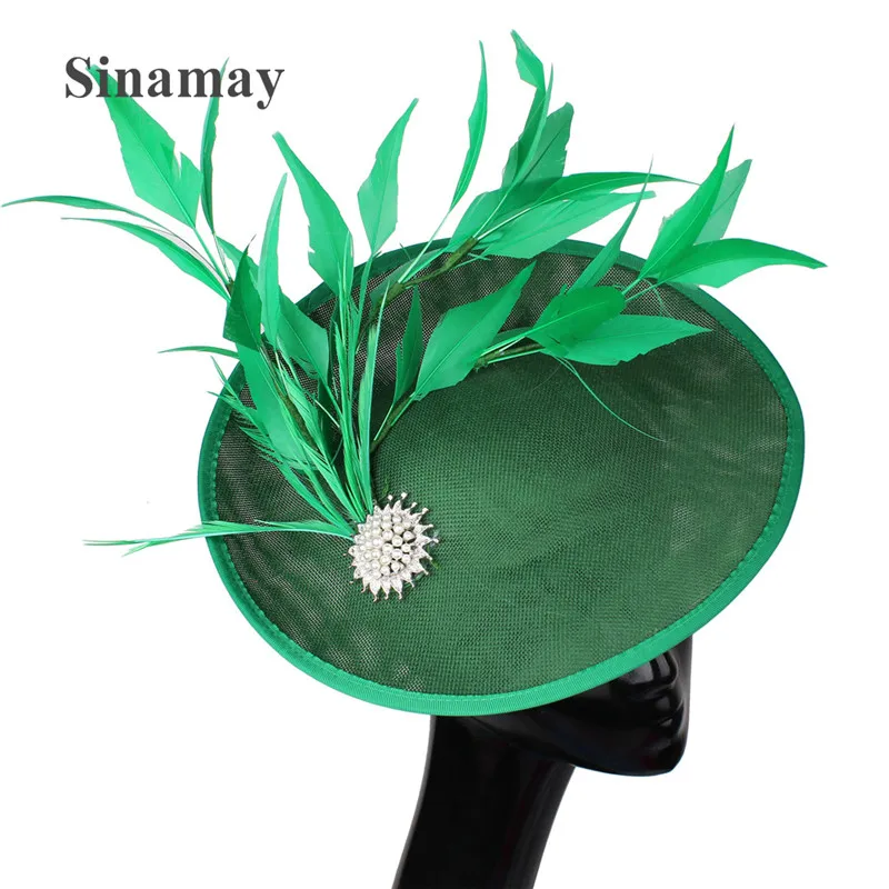Imitation Sinamay Wedding Green Fascinator Hat Headband Cocktail Race Headwear Fancy Feather Millinery Cap Bride Hair Accessory |