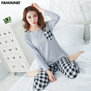 

Cotton Pajama Set For Women 2019 Autumn Long Sleeve Pyjama Casual Plaid Pants Sleepwear Female Homewear Loungewear Home Clothing