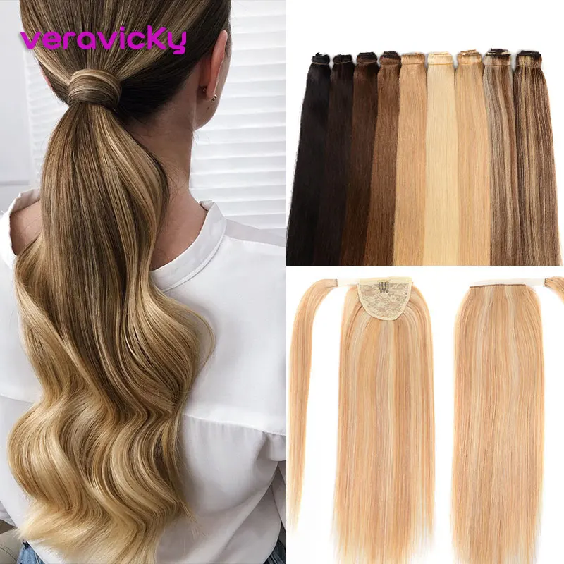 Tanie Brazylijski naturalny ludzki włos Balayage kucyk rozszerzenia 1 sztuka maszyna wykonana Remy blond prawdziwe ludzkie włosy koński ogon klip Ins