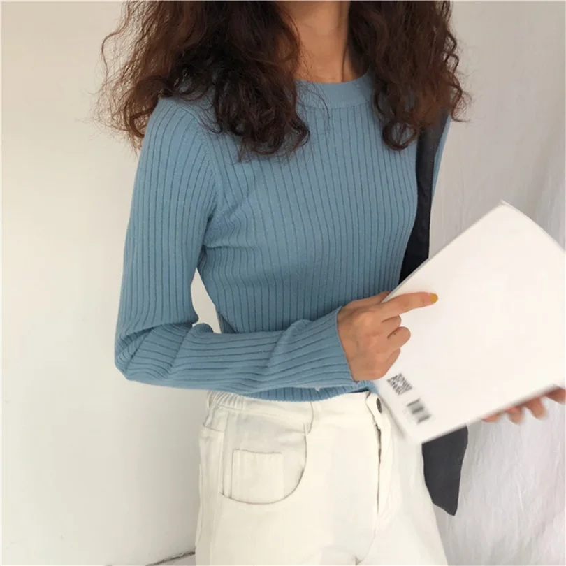 

Taotrees Women Fall/Winter Solid Color Round Neck Slim Long Sleeve Knit Bottoming Shirt Sweater Top