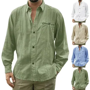 

Men Casual Shirt Long Sleeve Loose Tops Button Turn Down Collar Solid Line Shirts Plus Size M-3XL