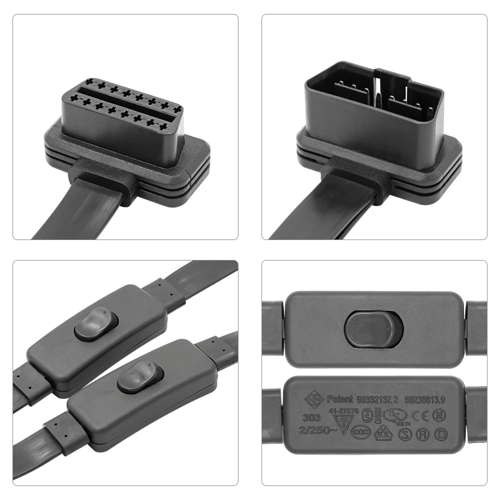 1 в 2 Преобразованный 16Pin подключенный кабель OBD2 плоский удлинитель с переключателем 3FT OBD2 16Pin подключенный Мужской к двойному женскому локоть