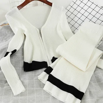

Spring Clothing Knitting Suit Women Casual Tight Slim Fit V-neck Zip Short Sweater + High-waist Loose Wide Leg Pants Two Pieces