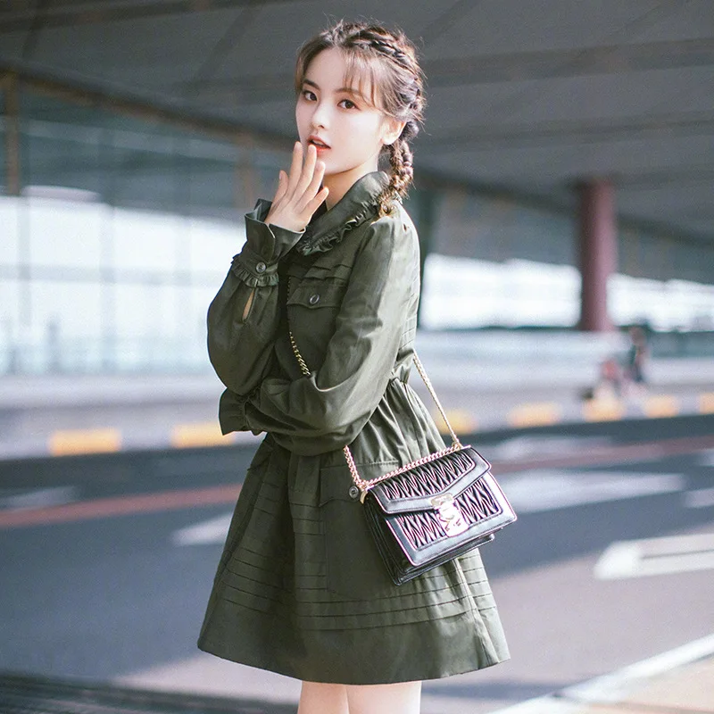 Autumn and Winter Dress Military Green Baby Collar Dress Women's A-line Shirt Straight Winter Dresses Women