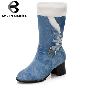 

BONJOMARISA New Arrival Ladies Add Fur mid-calf Boots Winter Denim Warm Boots Women 2020 High Heels Women Shoes