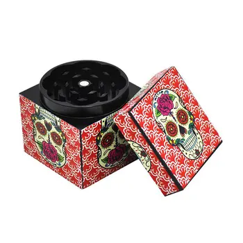 

4 Layers Cube Vanilla Tobacco Mill Smoking Grinder Herb Spice Metal Crusher with Indian Beauty Skull Pattern