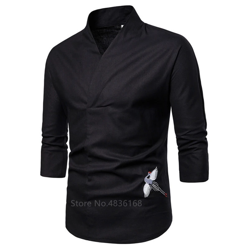 Black Китайский топ кран Emboridery винтажные рубашки Тан костюм кунг-фу традиционная китайская одежда для мужчин Новогодняя одежда мужской ханьфу - Цвет: Black