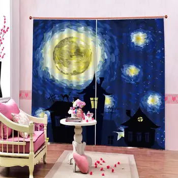 

draw blue curtains paint moon curtain 3D Window Curtain Luxury Bedroom Drapes cortina Customized size