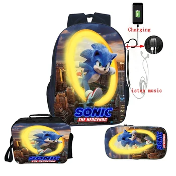 

Student Sonic Backpack 3pcs Set backpack Child Cartoon Primary Schoolbag Teen Bookbag Boy Girl Back to School Gift