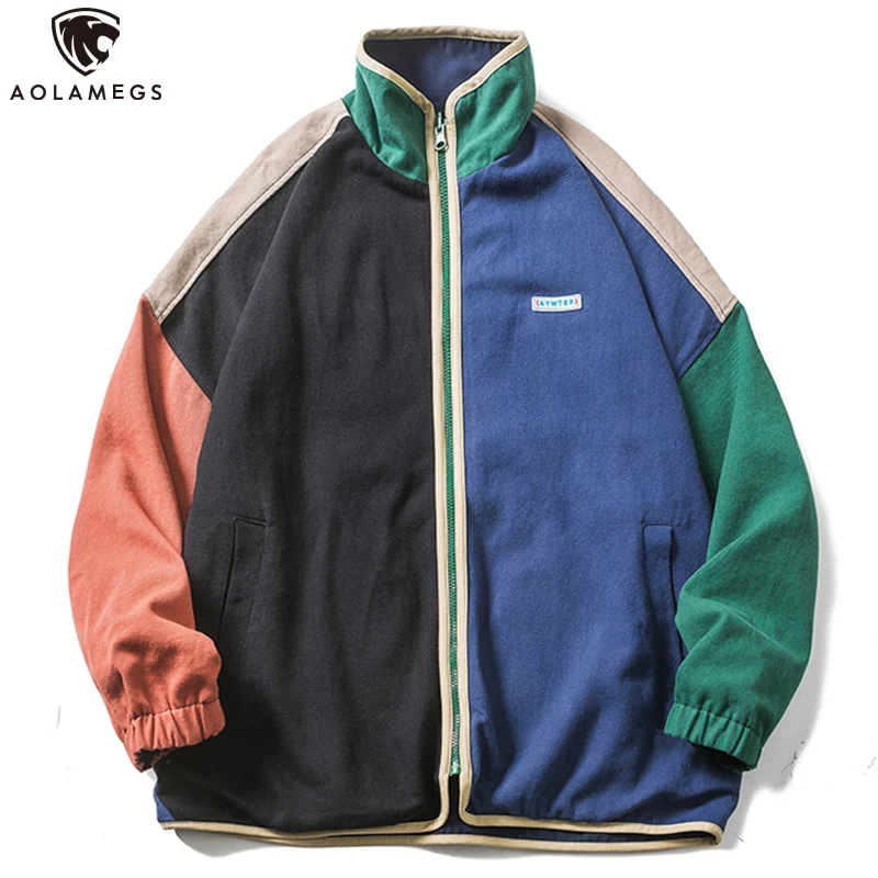 

Aolamegs Jacket Men Hit Color Harajuku Casual Coats Double-Sided Wearable Baseball Jackets High Street Fashion Spring Streetwear