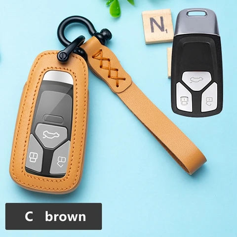 For C key brown Автомобильный натуральный кожаный брелок чехол карман для Audi Q7 TT B9 A6 A4 A3 A5 A7 S6 S7 S8 SLINE A3 C6 A3 Quattro Sline - Название цвета: For C key brown