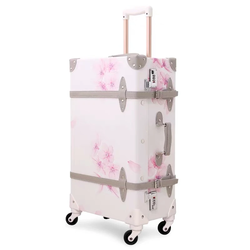 Hot!New Women 2PCS/SET Vintag PU Cherry blossoms Rolling Luggage sets,Men 13"20"22"24"26"inch Trolley suitcase with handbag