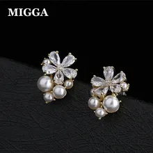 MIGGA корейский стиль имитация жемчуга кубический циркон цветок серьги золотистого цвета женские шпильки ювелирные изделия