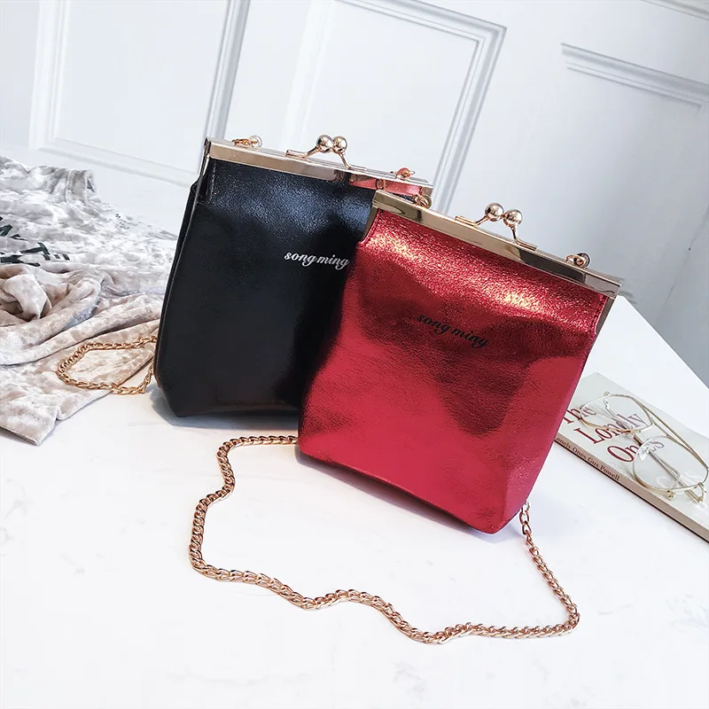 

2018 New Style Fashion Korean-style Bright Surface Iron Clamp Mouth Lock Chain Square Sling Bag Shoulder WOMEN'S Bag