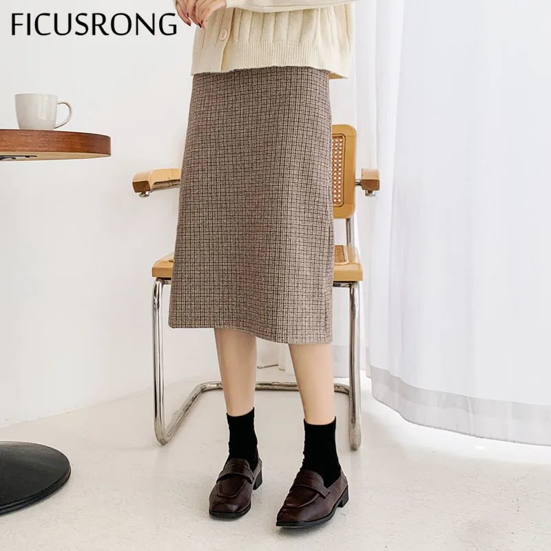 Women skirt Casaul Splice Cotton Spinning Plaid Spring Summer Medium Long A-Line Wild Knee-Length Skirt Office Lady FICUSRONG