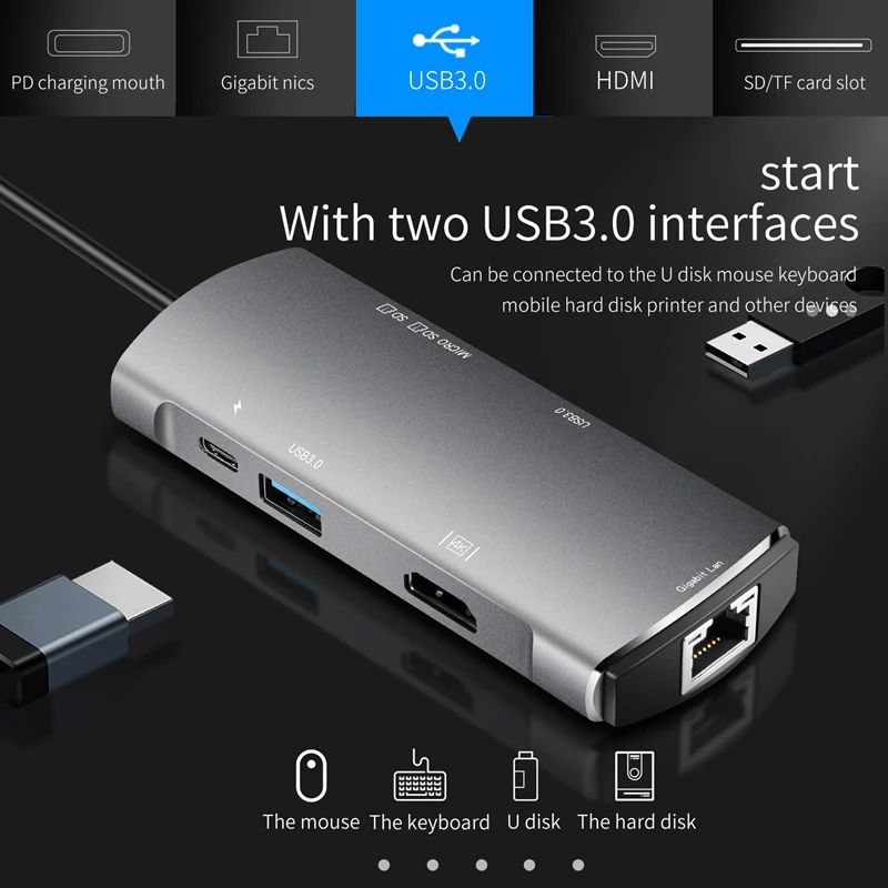Usb 3.0 Type C концентратор 7 в 1 для Ethernet + 4K видео Hdmi Pd Rj45 адаптер зарядного порта слот