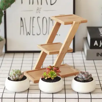 

Meaty Plant Pots White Porcelain Pot Contains Three Ladder Wooden Desktop Balcony Flowerpot Flower Implement More Meat