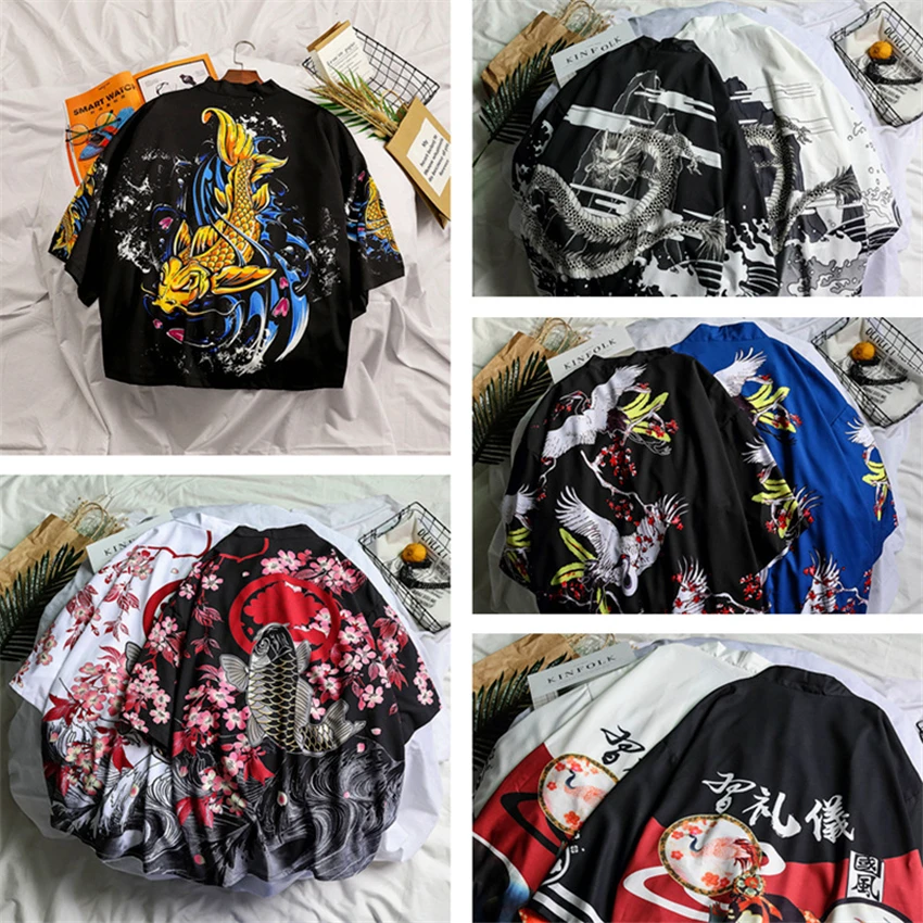12Color New Japanese Fashion Style Kimono for Adult Traditional Haori Clothing Print Chinese Dragon Thin Samurai Men Women Robes