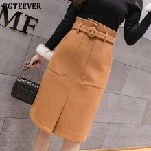 BGTEEVER, зимние женские юбки, женские Облегающие юбки с высокой талией, поясом и карманами, модные повседневные женские шерстяные юбки, Vestidos