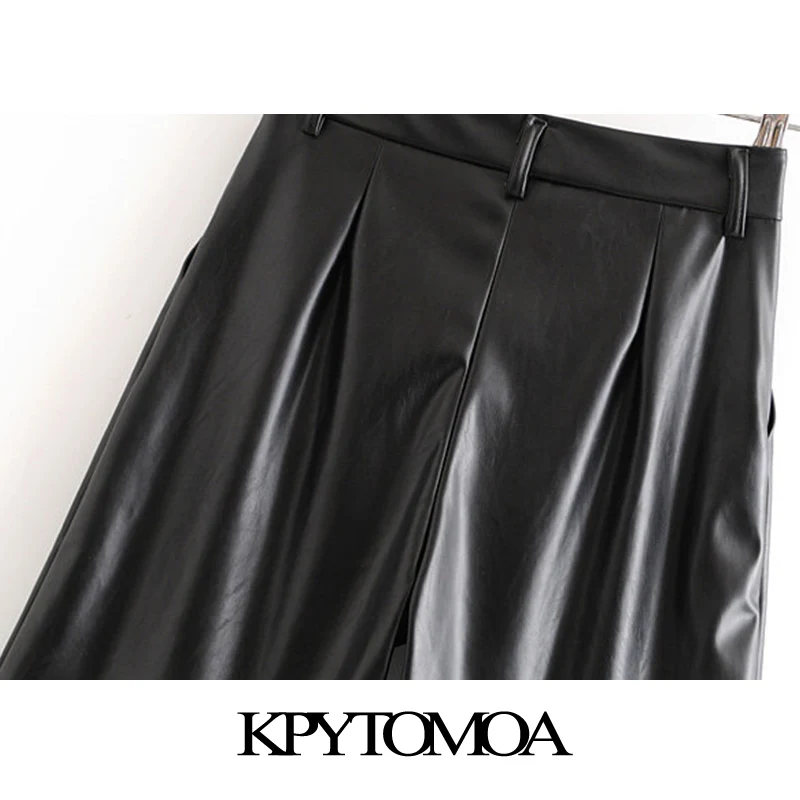 Винтажные стильные женские брюки до колена из искусственной кожи, модные женские брюки с высокой талией и боковыми карманами из искусственной кожи