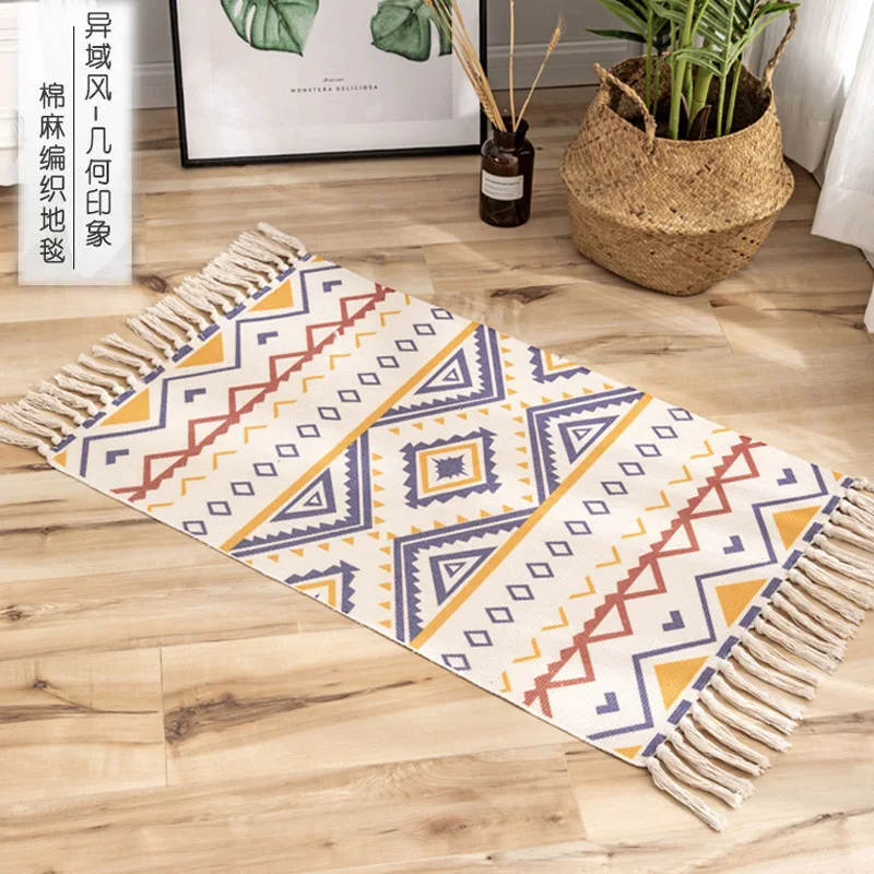 Boho Small Bathroom Rugs Tassel, Cotton Woven Kitchen Rug Bath Mat