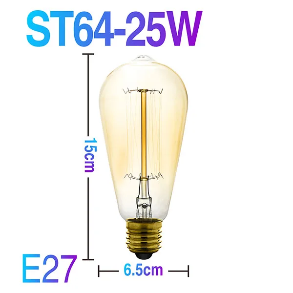 ST64 25W E27 Винтажная лампочка эдисона E27 AC 220V лампа накаливания в художественном и художественном стиле, теплая желтая лампа накаливания, подходит для украшения дома бара - Цвет: ST64 25W E27